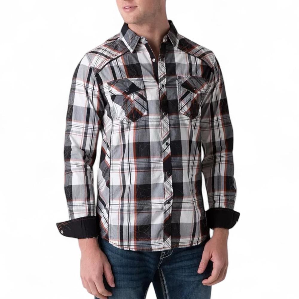 BKE Silex Standard Fit‎ Plaid Black Brown Long Sleeve Snap Button Shirt Sz L